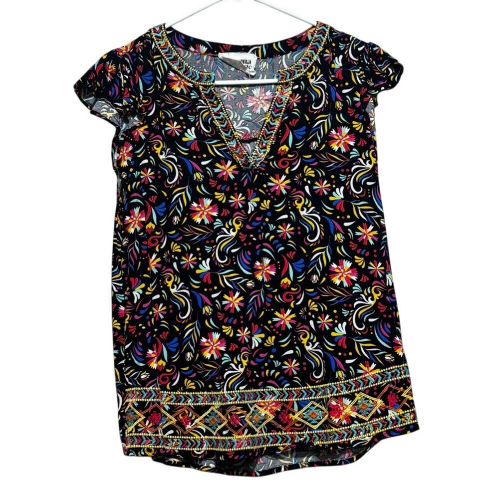 Savanna Jane Womens Small Floral Embroidered V Neck Cap Sleeve Tunic Top Black
